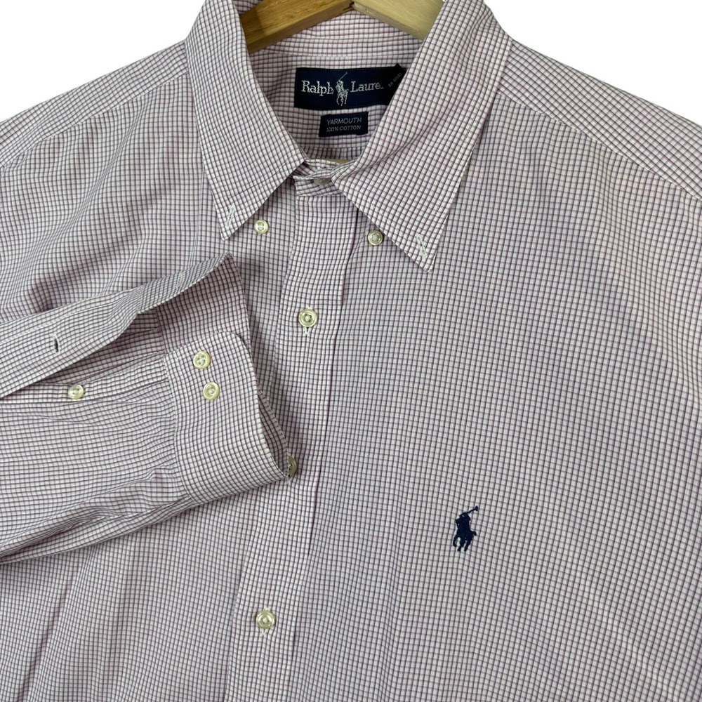 Ralph Lauren Yarmouth Mens 17 32/33 Burgundy Gingham Cotton Button Down Shirt
